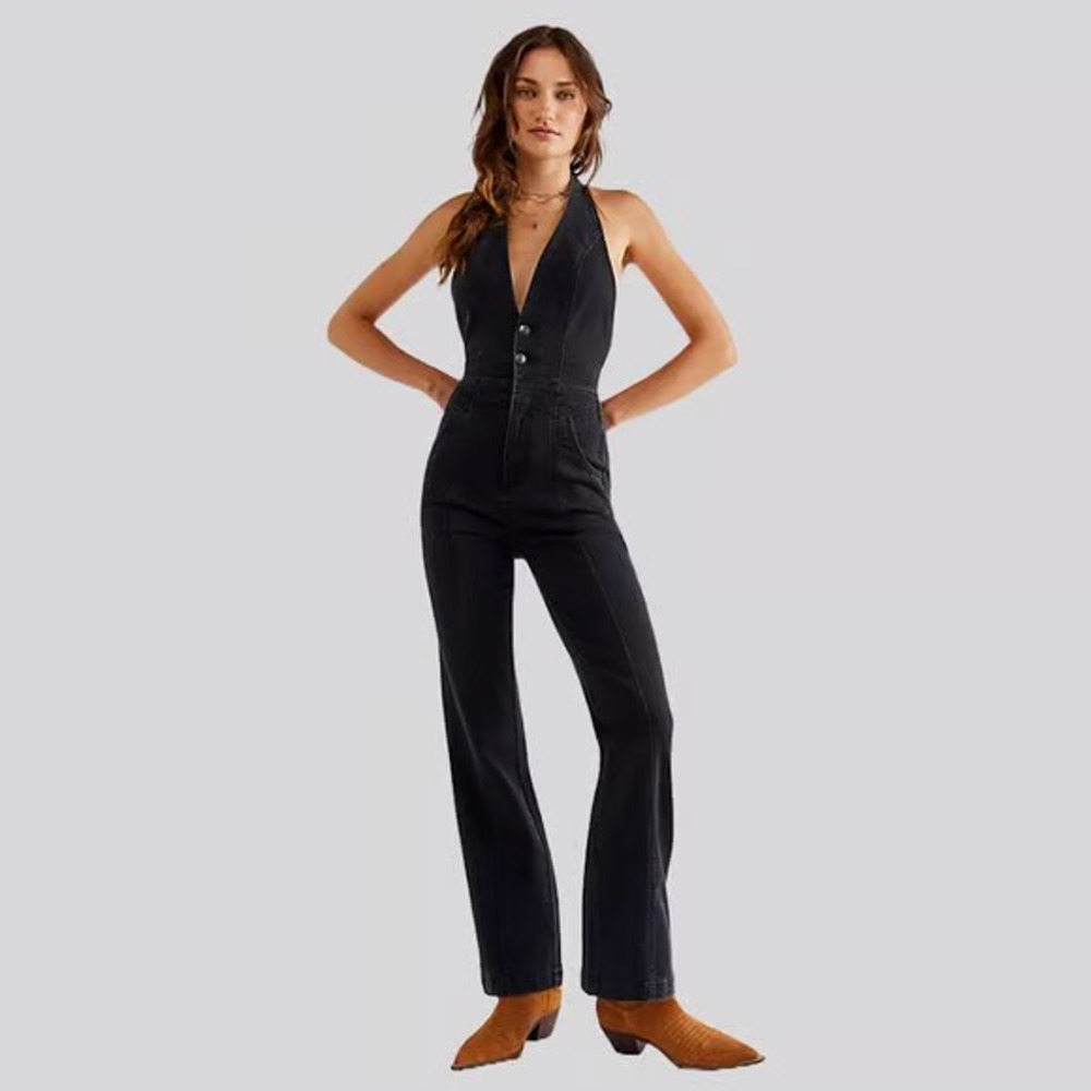 We The Free Womens Cruz Washed Black Denim Halter Neck Jumpsuit 24